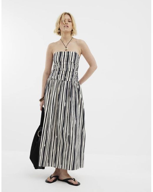 River Island White Stripe Pleated Bandeau Midi Dress