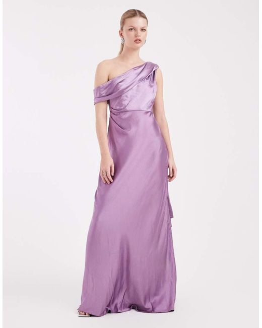 Six Stories Purple Bridesmaid One Shoulder Drape Detail Satin Maxi Dress