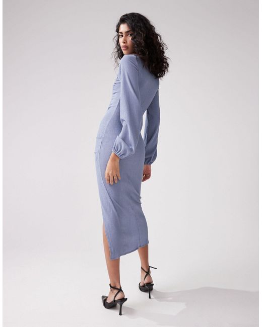 ASOS Blue Textured Long Sleeve Midi Dress With Asymmetric Neck