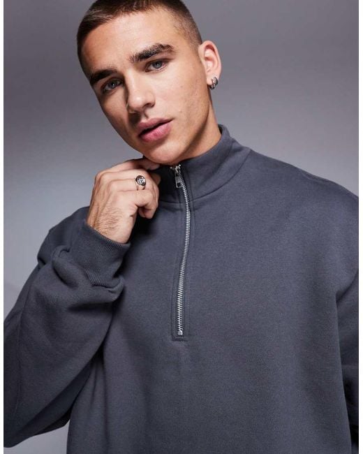 ASOS Blue Premium Heavyweight Boxy Oversized Quarter Zip Sweatshirt 400gsm for men