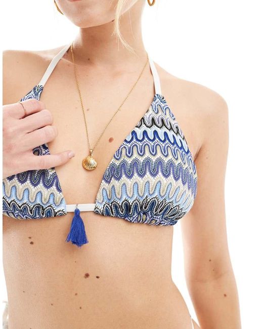 Accessorize Blue Zig-Zag Stitch Triangle Bikini Top