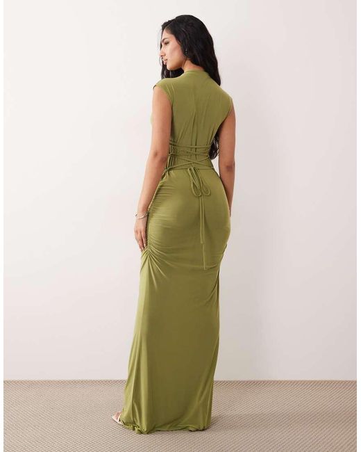 ASOS Green Cap Sleeve Maxi Dress With Lace Up Detail And Ruching