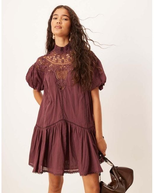 ASOS Black Lace Detail Puff Sleeve Mini Dress