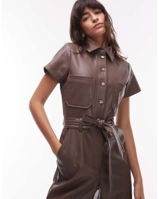 TOPSHOP Short Sleeve Utility Faux Leather Jumpsuit in Green | Lyst UK