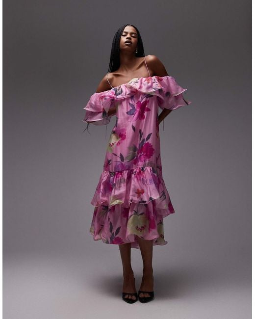 & Other Stories Purple – schulterfreies midaxi-kleid mit rüschen und blumenmuster