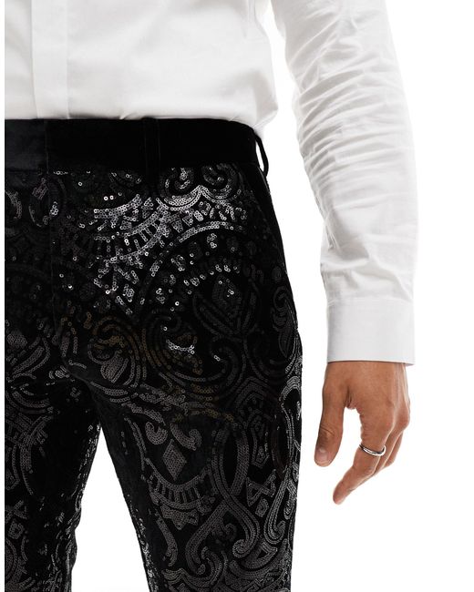 ASOS Black Paisley Sequin Skinny Fit Tuxedo Trouser for men