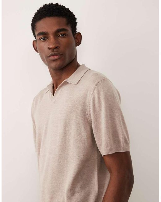 ASOS Natural Knitted Pure Merino Wool Notch Neck Polo Shirt for men