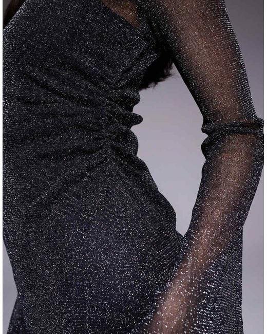 ASOS Gray Grown On Neck Flute Sleeve Mini Glitter Mesh Dress