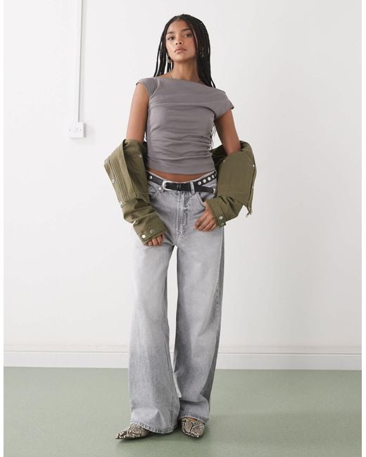 Weekday Gray Semi Sheer Drape Neck Top