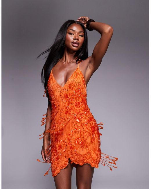 ASOS Embellished Asymmetric Mini Dress With Tie Straps in Orange | Lyst ASOS Embellished Asymmetric Mini Dress With Tie Straps in Orange | Lyst