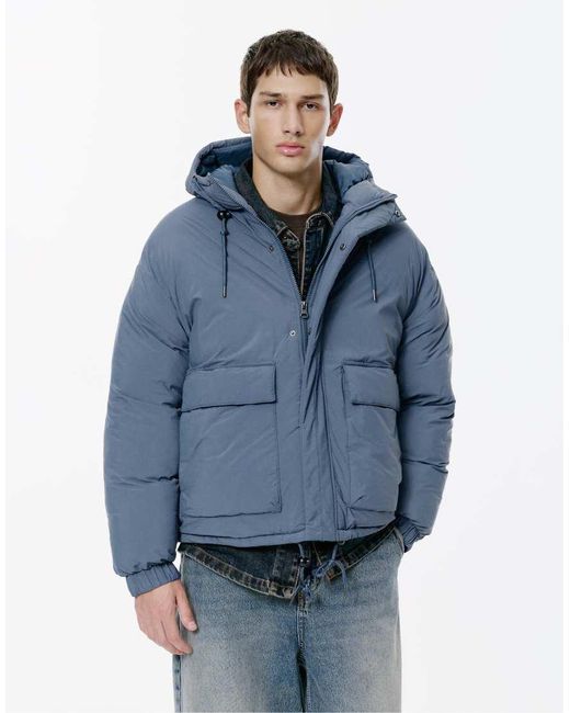 Pull&Bear Blue Cropped Puffer Jacket for men