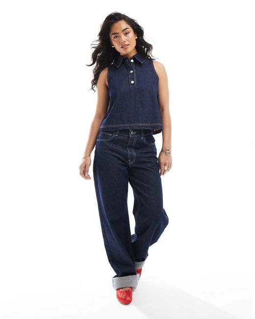 ASOS Denim Top Zonder Mouwen Met Knopen En Gestrikte Voorkant in het Blue