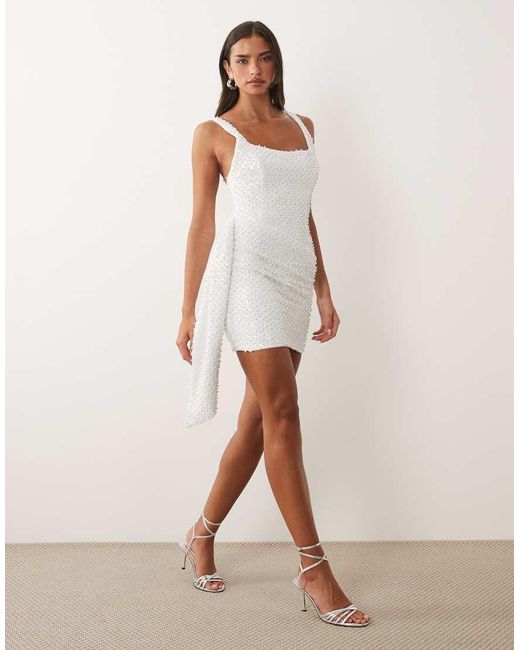Oh Polly Natural Embellished Square Neck Draped Detail Mini Dress