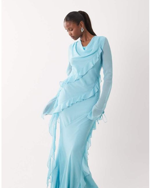 DASKA Blue Chiffon High Cowl Neck Frill Detail Maxi Dress