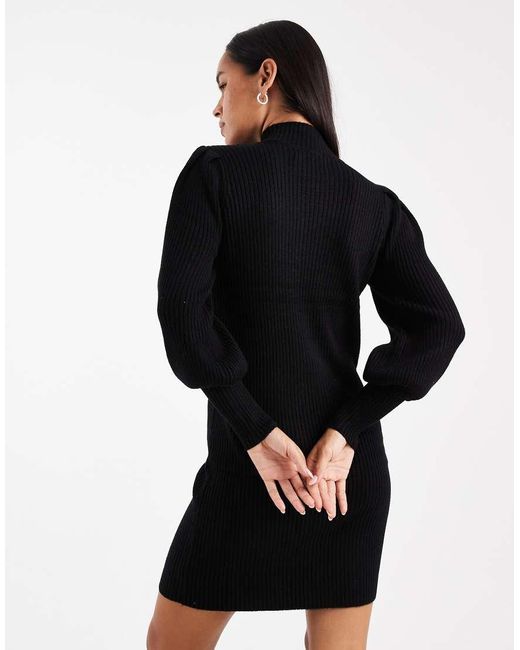 Vestido Corto Estilo Jersey Con Cuello Alto Y Mangas Abullonadas De ONLY de color Black