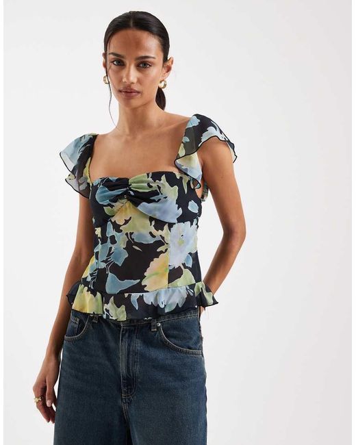 Motel Blue Selita Chiffon Flutter Sleeve Top