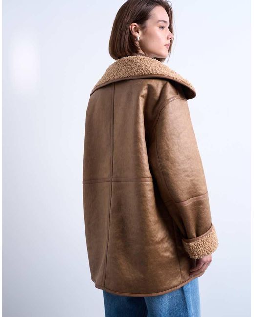 TOPSHOP Brown Faux-shearling Oversized Patch Pocket Mid Length Car Coat