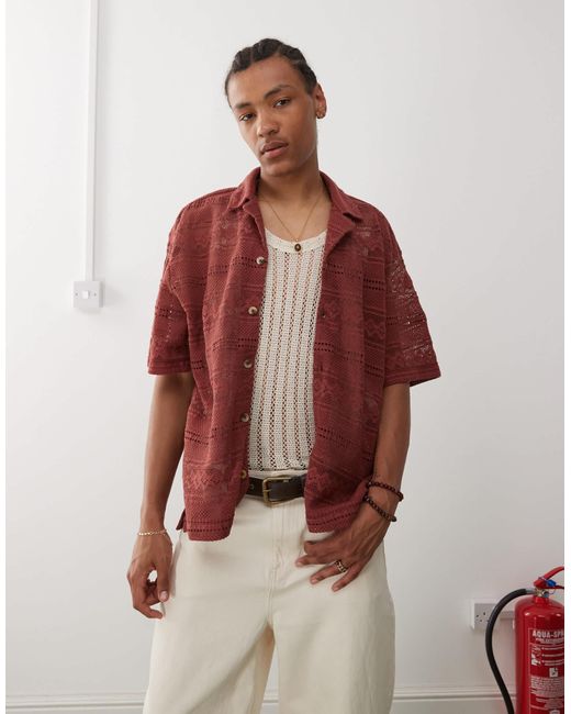 Reclaimed (vintage) Red Limited Edition Short Sleeve Crochet Lace Shirt