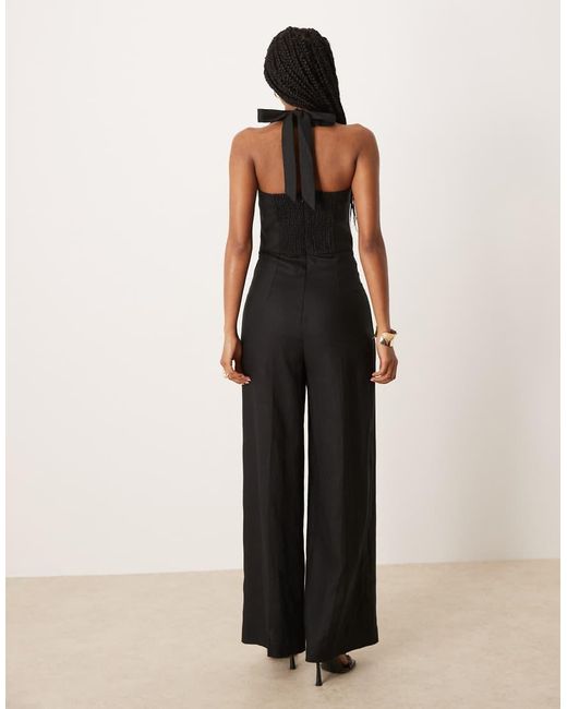 Mango Black Square Neck Halter Pleat Front Jumpsuit
