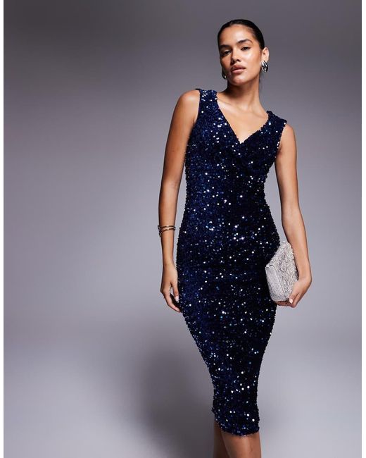 Goddiva Blue Multi Sequin & Velvet Bardot Midi Dress