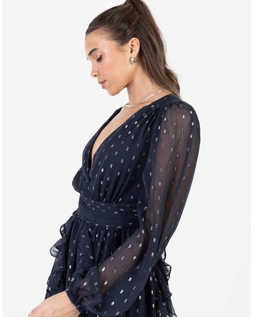 ANAYA Blue Faux Wrap Waterfall Ruffle Dobby Maxi Dress