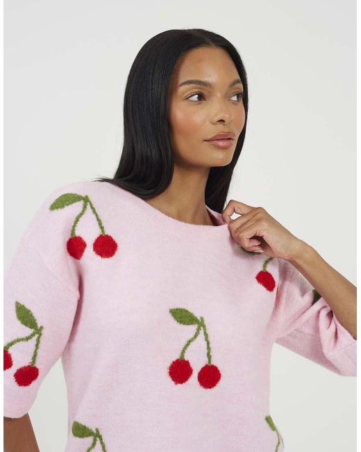 Brave Soul Pink Short Sleeve Cherry Jacquard Knit Jumper