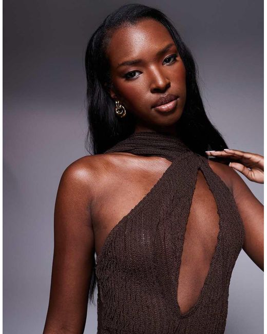 Public Desire Blue Textured Scarf Detail Cut Out Maxi Dress Chocolate