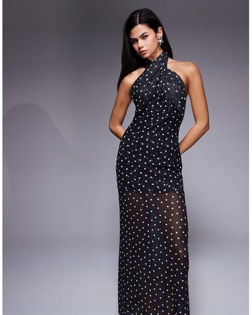 ASOS Blue Mesh Cross Over Halterneck Detail Maxi Dress With Sheer Skirt