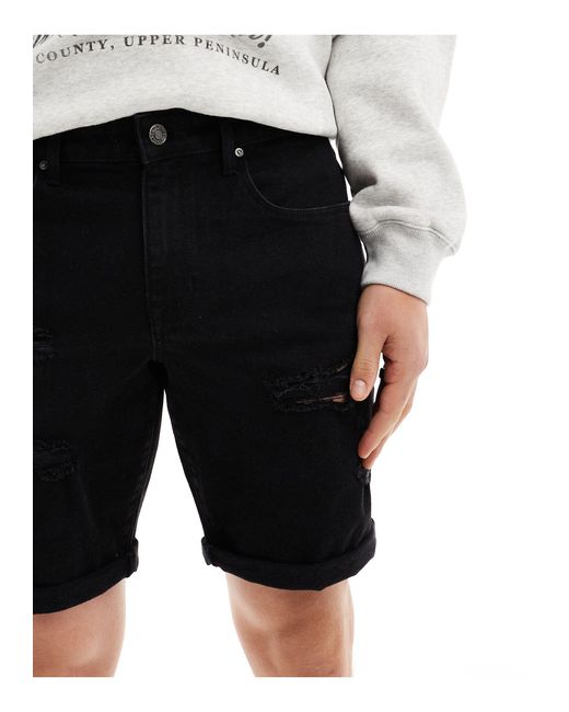 ASOS Black Standard Length Slim Denim Shorts With Rips for men