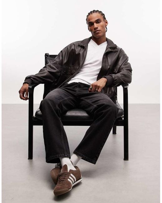 ASOS Gray Faux Leather Funnel Neck Jacket for men