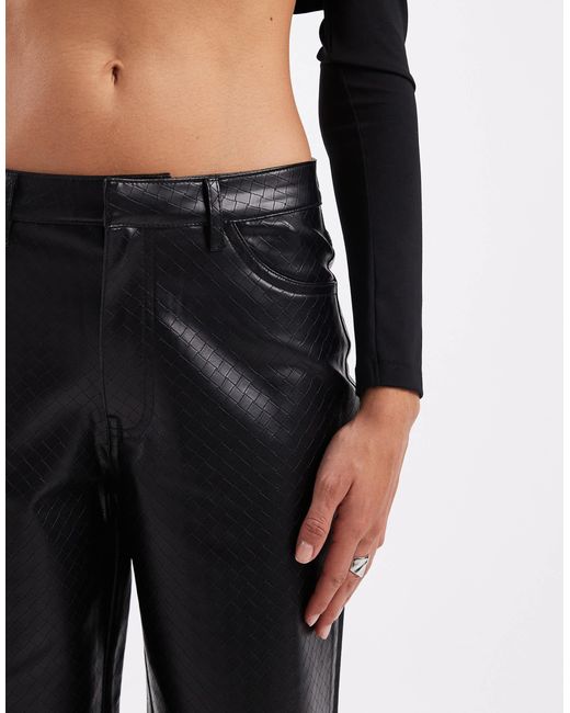 ONLY Black High Waist Wide Leg Faux Leather Trousers With Woven Details