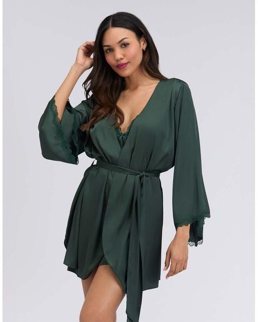 Boux Avenue Green Kaya Satin Short Robe Wide Sleeve Self Tie Belted Nightwear