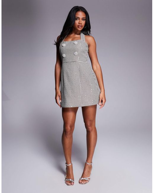ASOS Gray Sequin Houndstooth Halter Mini Dress With Embellished Buttons