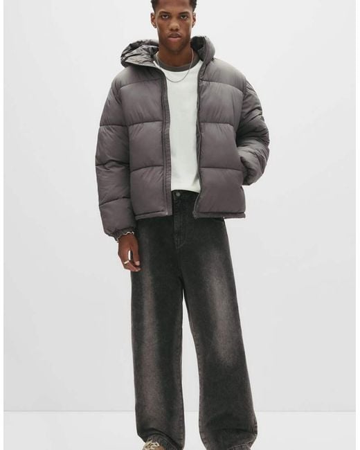 Pull&Bear Gray Puffer Jacket With Hood for men