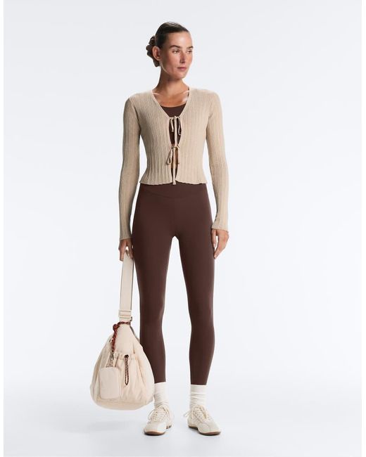 Oysho Brown Front Tie Knit Rib Cardigan