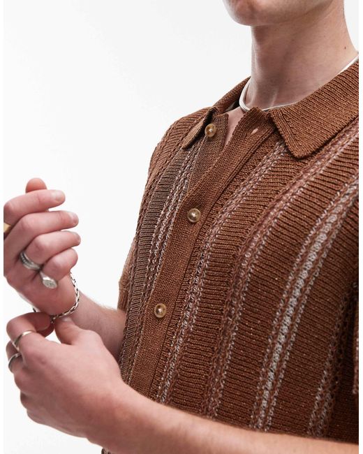 Topman Brown Knitted Viscose Button Through Polo With Metallic Stripe for men