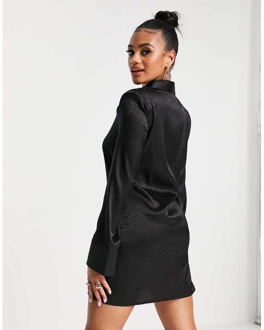 ASOS Black Fluted Sleeve Jacquard Button-through Mini Shirt Dress