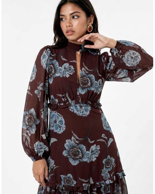 ANAYA Purple Floral High Neck Long Sleeve Tiered Maxi Dress