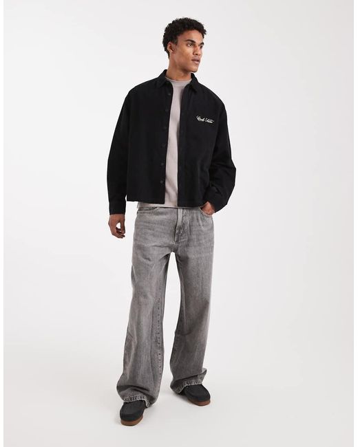 ASOS Black Boxy Oversized Corduroy Shirt With Back Embroidery for men