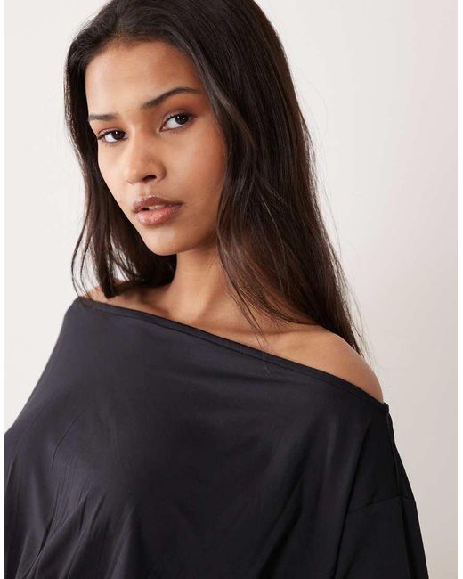 ASOS Blue Slinky Off Shoulder Long Sleeve Top With Cinch Waist Detail