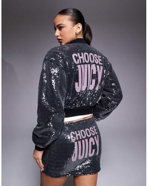 Juicy Couture Blue Logo Sequin Zip Through Bomber Jacket