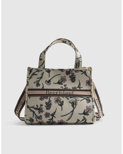River Island White Floral Jacquard Tote Bag