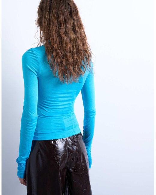 TOPSHOP Blue High Neck Viscose Long Sleeve Top