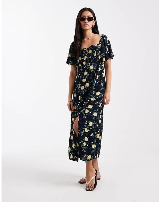 Levi's Black Amara Flutter Sleeve Midi Dresswith Floral Print