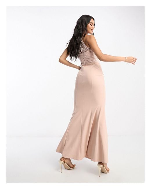 Lipsy Halter Neck Maxi Dress With Lace Detail in Natural | Lyst