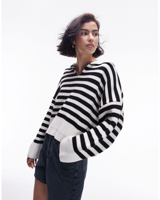 TOPSHOP White Knitted Collared Stripe Jumper