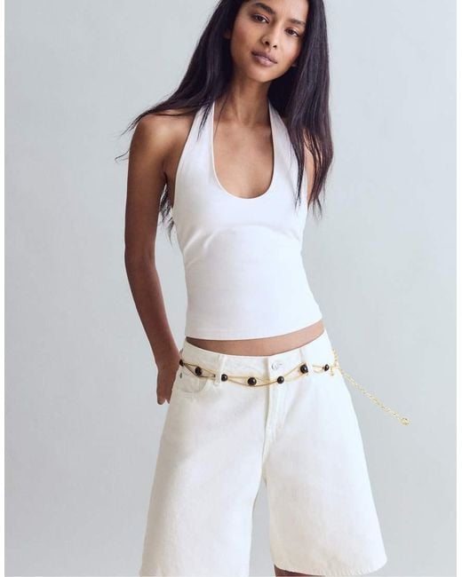 Stradivarius White Double-row Metal Belt With Round Stones
