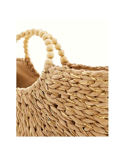South Beach Natural Beach Clutch Bag With Gold Straw And Beaded Handle