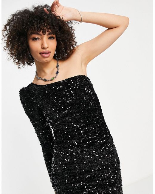 One Shoulder Sequin Velvet Mini Dress 