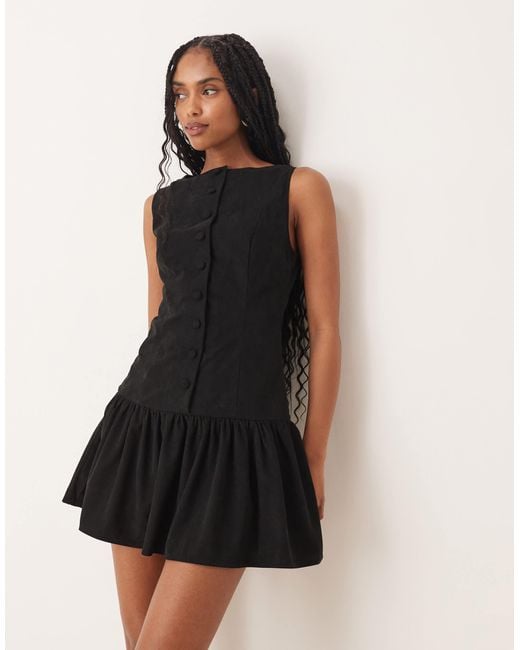 ASOS Black Cord Slash Neck Button Down Dropped Waist Mini Dress